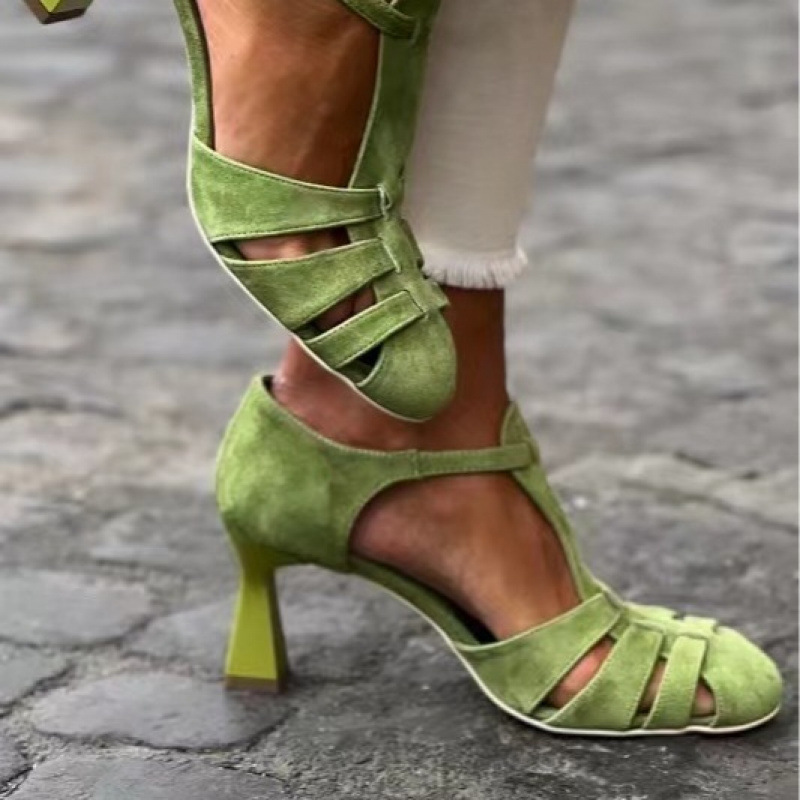 Summer Clothing Ladies - Women's Green Suede Kitten Heel T-Strap