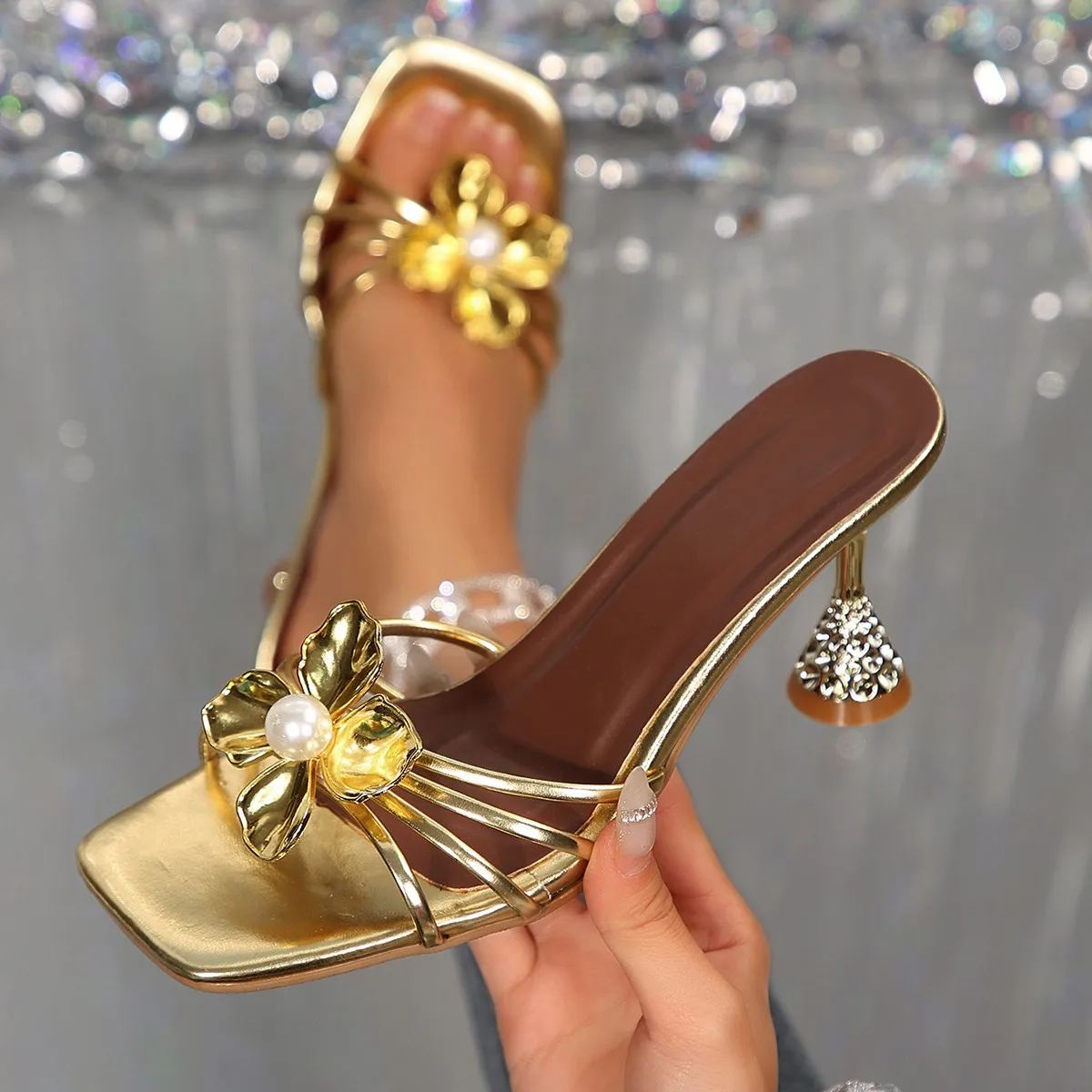 Summer Clothing Ladies - Vintage Metal Flower Crystal Cone Heel
