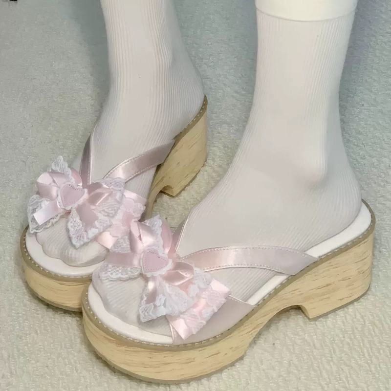 Summer Clothing Ladies - Sweet Bow Wood Grain Thick Bottom