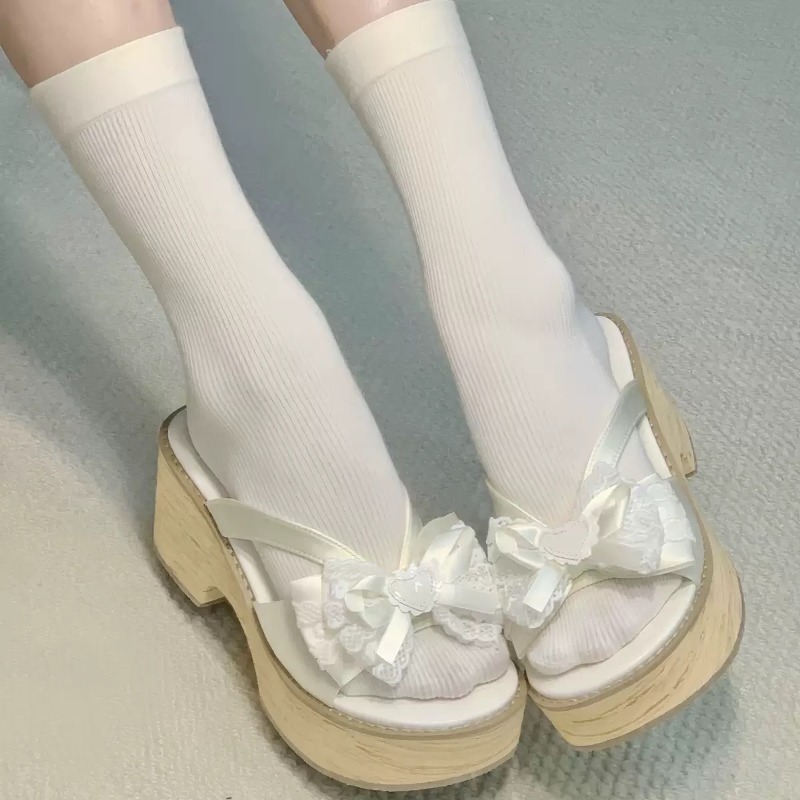 Sweet Bow Wood Grain Thick Bot - Summer Clothing Ladies ulasan dan harga