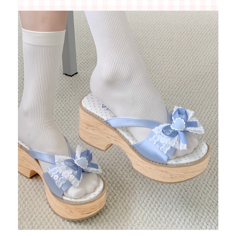 Sweet Bow Wood Grain Thick Bot - Summer Clothing Ladies ulasan dan harga